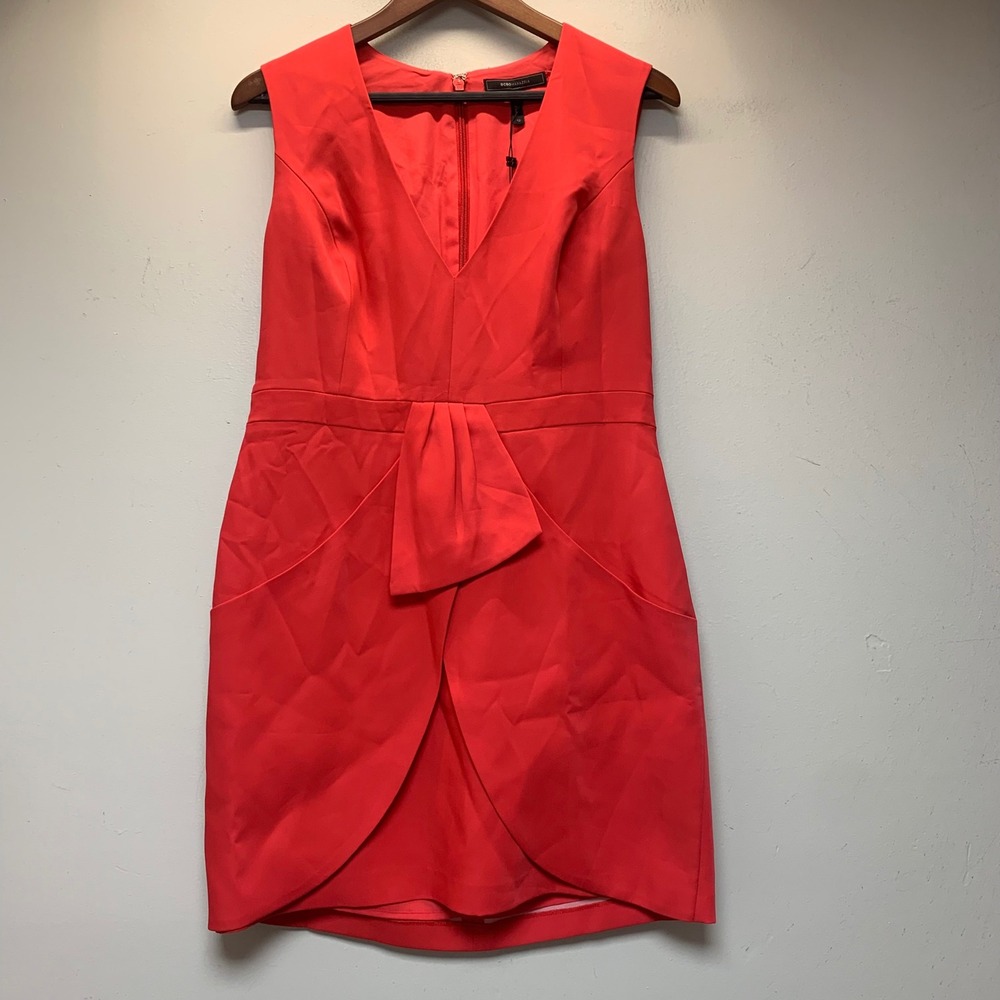 BCBGMAXAZRIA Dress Womens 12 Lipstick Red NWT V-Neck Tulip Wrap Bow XVR67D32-624